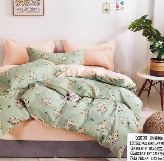 Lenjerie De Pat Din Bumbac 100% - Roz Verde Floral