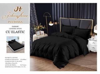Lenjerie De Pat Din Damasc Finetat Cu Elastic 1 Persoana - Negru