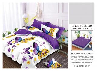 Lenjerie De Pat Din Finet Satinat Cu Elastic - Purple Butterfly