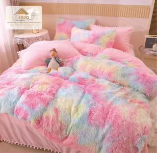 Lenjerie De Pat Pufoasa FLUFFY - Roz Multicolor Cu Ciucuri