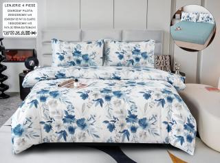 Lenjerie Din Bumbac Satinat Cu Elastic 4 Piese - Alb Cu Flori Albastre