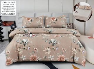 Lenjerie Din Bumbac Satinat Cu Elastic 4 Piese - Bej Cu Flori