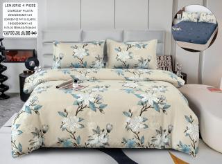 Lenjerie Din Bumbac Satinat Cu Elastic 4 Piese - Bej Deschis Floral