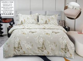 Lenjerie Din Bumbac Satinat Cu Elastic 4 Piese - Bej Fluturasi