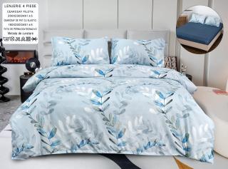 Lenjerie Din Bumbac Satinat Cu Elastic 4 Piese - Bleu Frunze