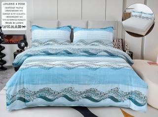 Lenjerie Din Bumbac Satinat Cu Elastic 4 Piese - Bleu Valuri