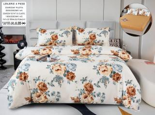 Lenjerie Din Bumbac Satinat Cu Elastic 4 Piese - Crem Cu Flori Portocali