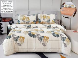 Lenjerie Din Bumbac Satinat Cu Elastic 4 Piese - Crem Cu Flori