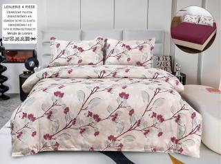 Lenjerie Din Bumbac Satinat Cu Elastic 4 Piese - Flori Bordo