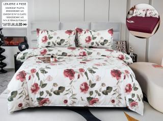 Lenjerie Din Bumbac Satinat Cu Elastic 4 Piese - Flori Rosiatice