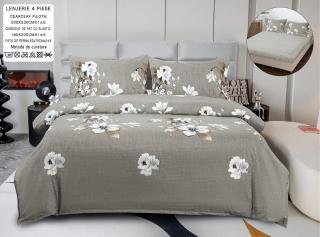 Lenjerie Din Bumbac Satinat Cu Elastic 4 Piese - Gri Cu Flori