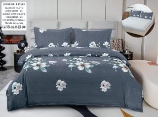 Lenjerie Din Bumbac Satinat Cu Elastic 4 Piese - Gri Flori