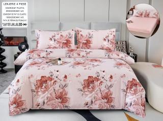 Lenjerie Din Bumbac Satinat Cu Elastic 4 Piese - Roz Cu Flori