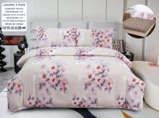 Lenjerie Din Bumbac Satinat Cu Elastic 4 Piese - Roz Flori