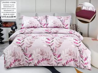 Lenjerie Din Bumbac Satinat Cu Elastic 4 Piese - Roz Frunze