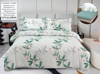 Lenjerie Din Bumbac Satinat Cu Elastic 4 Piese - Verde Floral