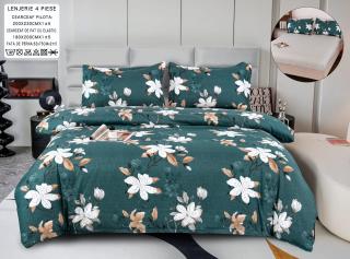 Lenjerie Din Bumbac Satinat Cu Elastic 4 Piese - Verde Flori
