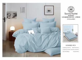 Lenjerie Din Bumbac Tip Damasc Cu Elastic 4 Piese - Bleu Azur