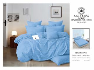 Lenjerie Din Bumbac Tip Damasc Cu Elastic 4 Piese - Bleu