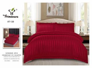 Lenjerie Din Bumbac Tip Damasc Cu Elastic 4 Piese - Bordo