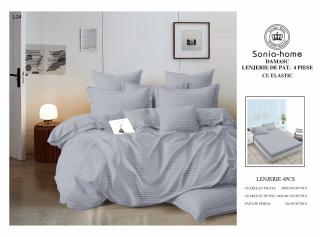 Lenjerie Din Bumbac Tip Damasc Cu Elastic 4 Piese - Gri Deschis