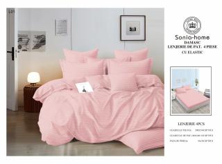 Lenjerie Din Bumbac Tip Damasc Cu Elastic 4 Piese - Roz Deschis