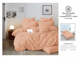 Lenjerie Din Bumbac Tip Damasc Cu Elastic 4 Piese - Roz Somon