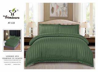 Lenjerie Din Bumbac Tip Damasc Cu Elastic 4 Piese - Verde Inchis
