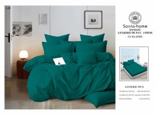 Lenjerie Din Bumbac Tip Damasc Cu Elastic 4 Piese - Verde