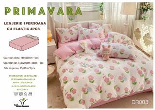 Lenjerie Din Bumbac Tip Finet Textura Creponata 1 Persoana Cu Elastic - Flori si Iepurasi