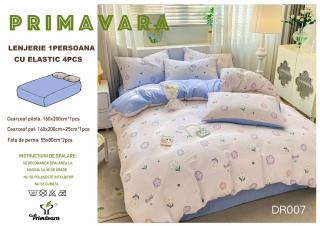 Lenjerie Din Bumbac Tip Finet Textura Creponata 1 Persoana Cu Elastic - Floricele Lila