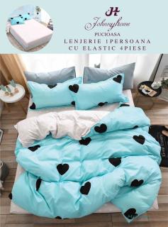 Lenjerie Din Finet Satinat 1 Persoana Cu Elastic - Bleu Inimioare Negre