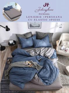 Lenjerie Din Finet Satinat 1 Persoana Cu Elastic - Gri - Albastru