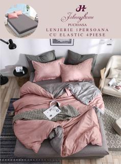 Lenjerie Din Finet Satinat 1 Persoana Cu Elastic - Gri - Roz