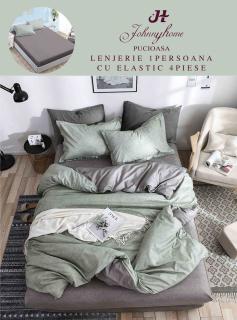 Lenjerie Din Finet Satinat 1 Persoana Cu Elastic - Gri - Verde