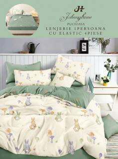 Lenjerie Din Finet Satinat 1 Persoana Cu Elastic - Iepurasi Si Ciupercute