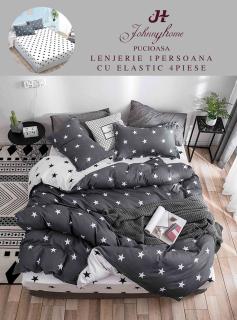 Lenjerie Din Finet Satinat 1 Persoana Cu Elastic - Stele Albe