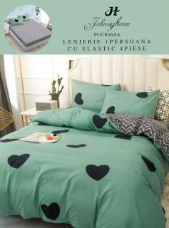 Lenjerie Din Finet Satinat 1 Persoana Cu Elastic - Verde Inimioare Negre