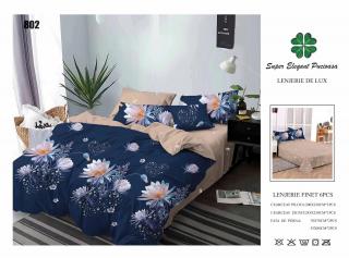 Lenjerii De Pat Din Finet 6 Piese - Bej Bleumarin cu Flori