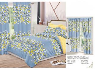 Set Lenjerie Si Draperii  Bumbac Tip Finet - Bleu Cu Floricele Mici
