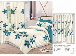 Set Lenjerie Si Draperii  Bumbac Tip Finet - Flori Turquoise