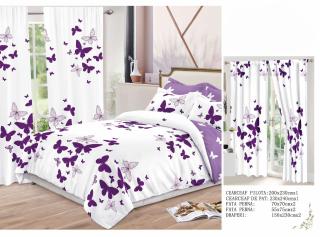Set Lenjerie Si Draperii  Bumbac Tip Finet - Fluturi Mov