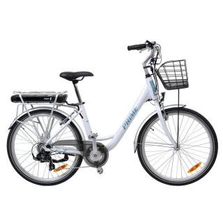 Bicicleta electrica Hecht prime white cu sasiu din aluminiu schimbator shimano acumulator 36 v