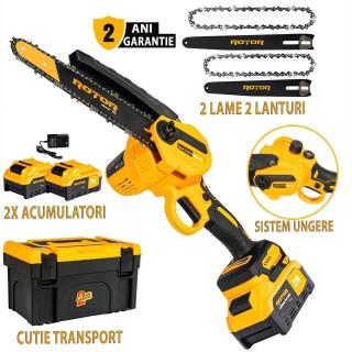 Mini Drujba de mana cu acumulator ROTOR RMC218, 21V, 4Ah, 900W, 2 lame  20 si 24 cm, 2 lanturi si 2 Acumulatori