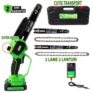 Mini Drujba Micul Fermier MF-DA1001-G01, 20V, Motor Fara Perii, 2 Lame si 2 Lanturi( 6  si 8  ) Acumulator 1.5Ah ,   Performanta si Versatilitate pentru Gradinarit si Taierea Copacilor Mici