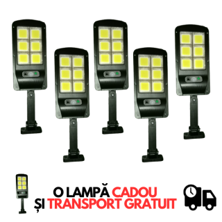 Set 5 x Lampa cu Incarcare Solara , 120 LED-uri COB, telecomanda inclusa + 1 Lampa cadou