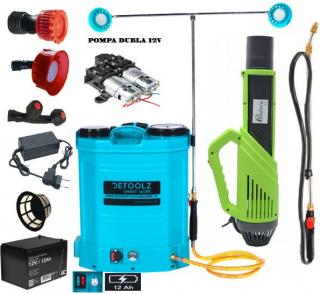 Set COMPLET Pompa de stropit cu acumulator DETOOLZ 17L, 7.5 Bar (model nou cu pompa dubla) + Atomizor + Set Lance telescopica stropit pomi 3m