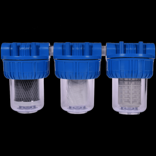 Filtre de apa TITAN 3 x 5,   cu 3 4,   in linie pentru filtrare mecanica cu 3 cartuse filtrante - nylon + polipropilena + carbune activ
