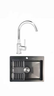 Set Chiuveta de bucatarie 45 60cm.(21adancime) inox cu sifon si scurgator de vase+Baterie Ferro BLG4