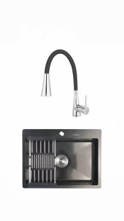 Set Chiuveta de bucatarie 45 60cm.(21adancime) inox cu sifon si scurgator de vase+Baterie Ferro BZA42B